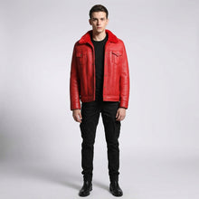 Laden Sie das Bild in den Galerie-Viewer, Men’s Red Shearling Leather Trucker Jacket – Winter Sherpa Lined Coat
