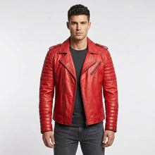 Load image into Gallery viewer, Men’s Red Lambskin Brando Biker Jacket – Slim Fit Moto Leather Coat
