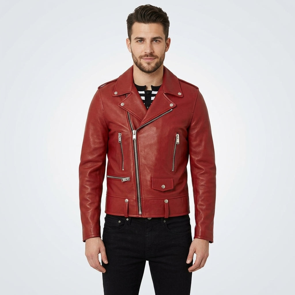 Men's Red Leather Biker Jacket - Bold, Stylish & Real Leather