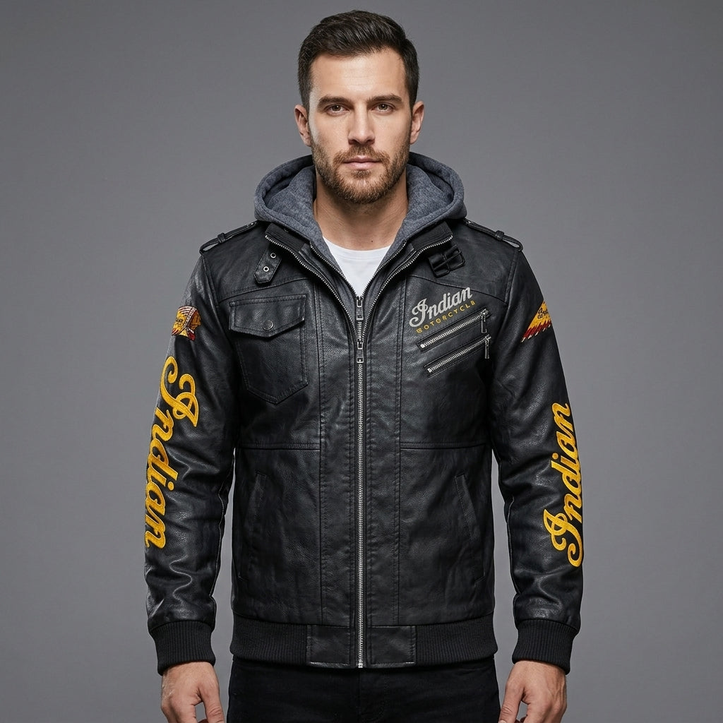 Leder-Bikerjacke für Herren – Bestickter Stern & Heritage-Schriftzug im Moto-Stil