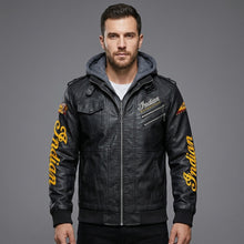Laden Sie das Bild in den Galerie-Viewer, Leder-Bikerjacke für Herren – Bestickter Stern &amp; Heritage-Schriftzug im Moto-Stil
