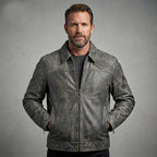 Men’s Harley-Style Black Leather Moto Jacket – Orange & White Racing Stripe Edition