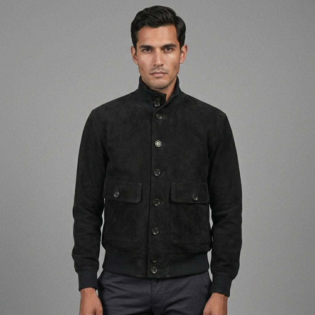 Men’s Black Suede Leather Bomber Jacket – Premium Classic Casual Aviator Coat