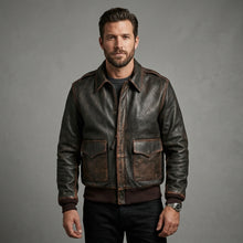 Laden Sie das Bild in den Galerie-Viewer, Men’s Brown A2 Aviator Leather Bomber Jacket – Military Pilot Flight Coat
