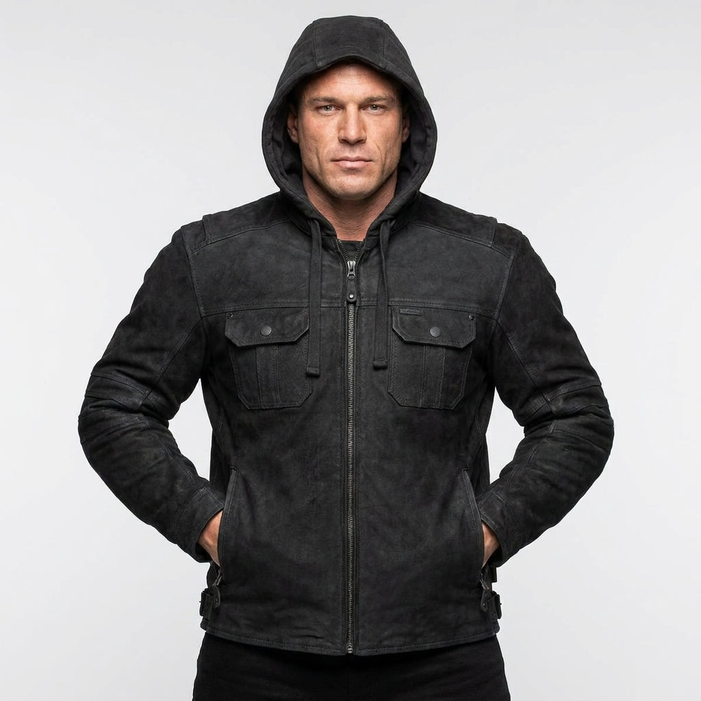 Men’s Matte Black Leather Biker Jacket – Removable Hood Moto Coat