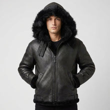 Load image into Gallery viewer, Men’s All Black B-3 Hooded Sheepskin Bomber Jacket – Detachable Shearling Hood
