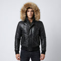 Men’s Black Leather Bomber Jacket – Removable Fur Hood Winter Coat