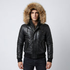 Men’s Black Leather Bomber Jacket – Removable Fur Hood Winter Coat