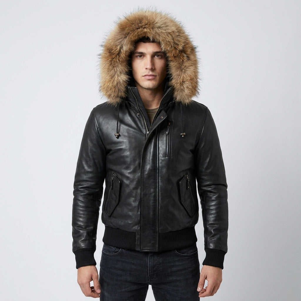 Men’s Black Leather Bomber Jacket – Removable Fur Hood Winter Coat