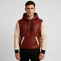 This burgundy and white leather hoodie is available from retailers like Etsy and Jackets Kingdom, often labeled as a handmade sheepskin or lambskin two-tone jacket.