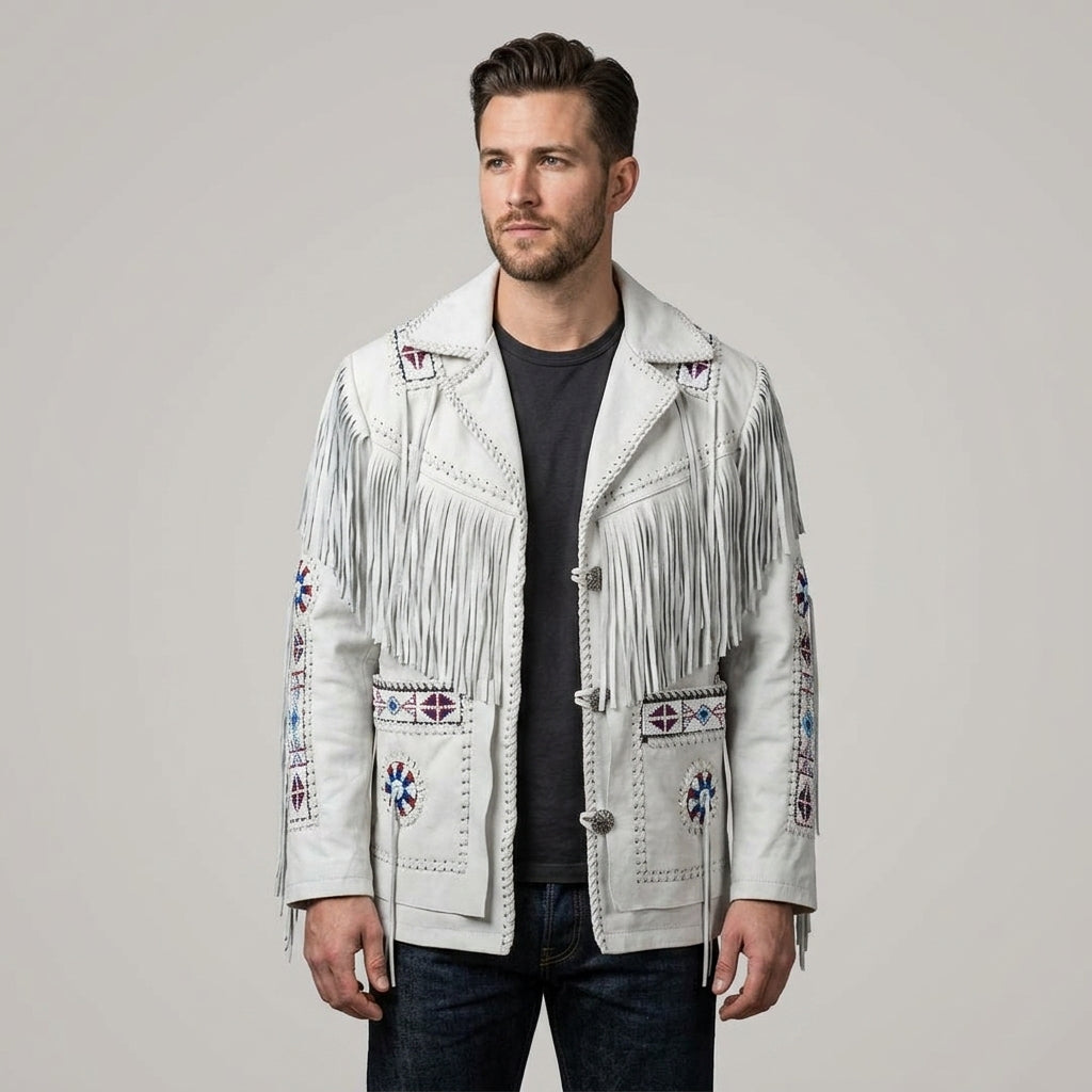 Men’s Western Fringe Cowboy Leather Jacket – Vintage Rodeo Style Coat