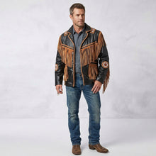 Laden Sie das Bild in den Galerie-Viewer, Men’s Cowboy Cowhide Leather Fringe Jacket with Beaded Western Detail
