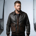 Men’s Brown A2 Aviator Military Pilot Leather Bomber Jacket – Classic Flight Coat