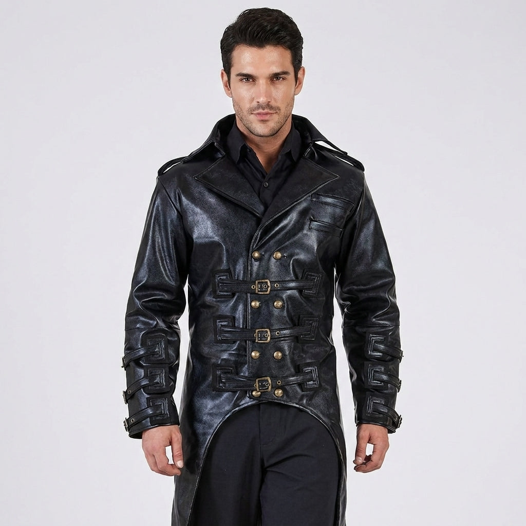 Men's Black Leather Steampunk Military Jacket