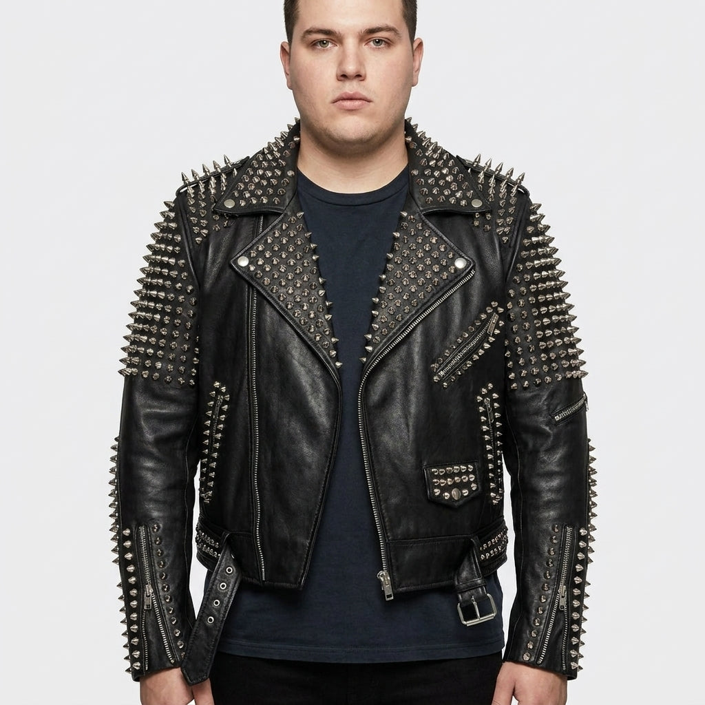 Men's Punk Metal Button Studded Leather Jacket