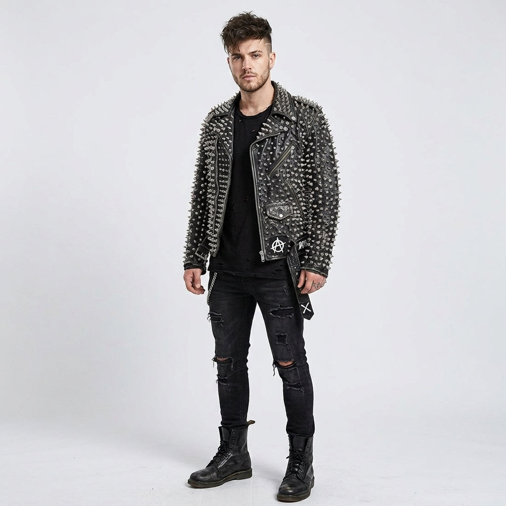 Men's Punk Metal Button Studded Leather Jacket