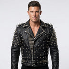 Men's Heavy Silver Studded Black Leather Biker Jacket