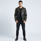 Men's Gold Studded Leather Biker Jacket In Black
