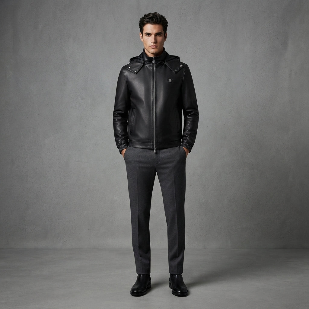 Men's Black Leather Hooded Jacket