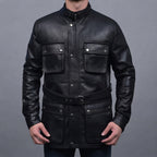 Men's Black Leather Jacket with Front Pockets