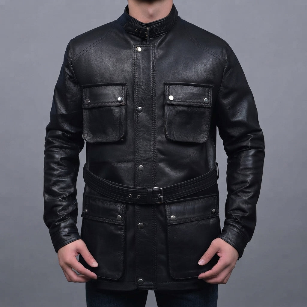Men's Black Leather Jacket with Front Pockets - Leather Outlet