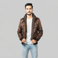 Men's Brown Leather Hooded Jacket