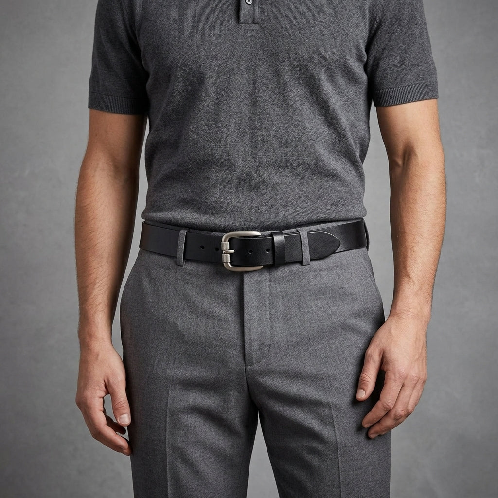 Black Leather Belt with Silver Buckle - Leather Outlet