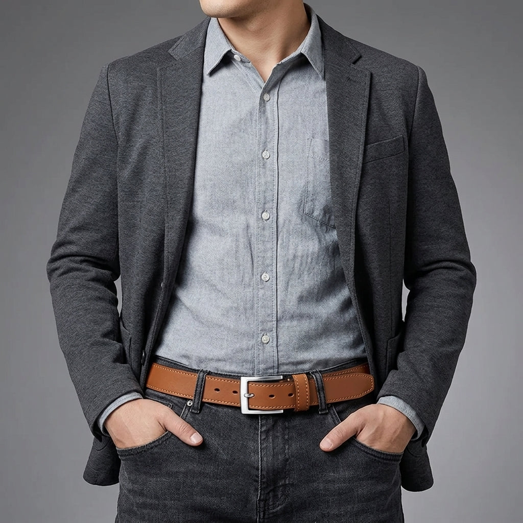 Men's Tan Leather Belt with Silver Buckle - Leather Outlet