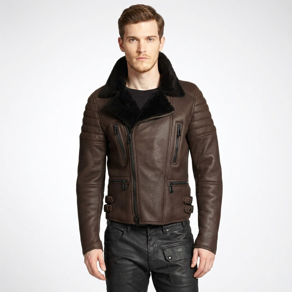 Men’s Brown Shearling Cafe Racer Leather Jacket – Vintage Aviator Biker Coat