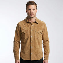 Load image into Gallery viewer, Men’s Tan Suede Western Shirt Jacket – RRL Cowboy Style Heritage Shirt
