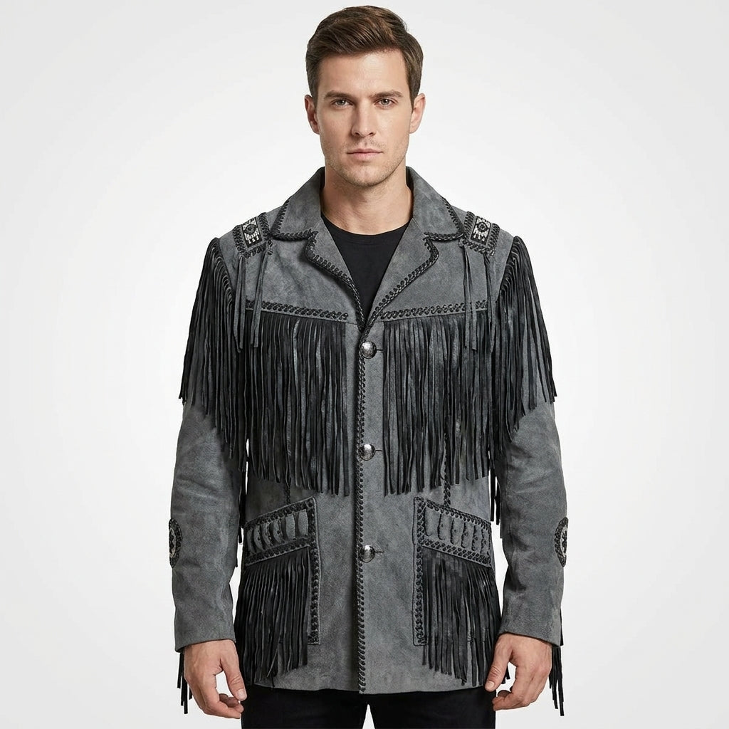 Men’s Western Cowboy Jacket – Black Fringe Suede Leather Coat