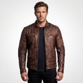 Men’s Coffee Brown Distressed Sheepskin Cafe Racer Leather Jacket