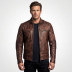 Men’s Coffee Brown Distressed Sheepskin Cafe Racer Leather Jacket