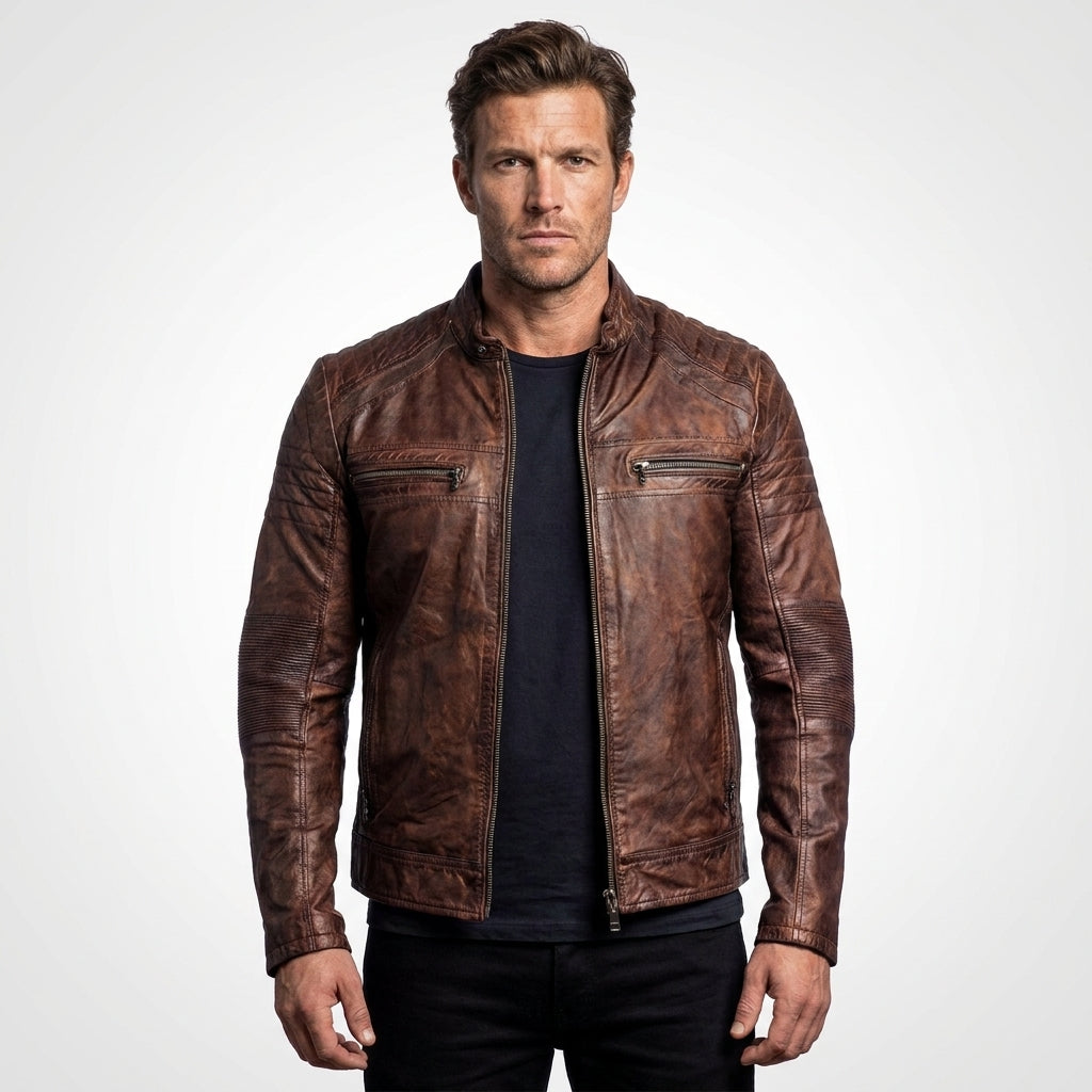 Men’s Coffee Brown Distressed Sheepskin Cafe Racer Leather Jacket