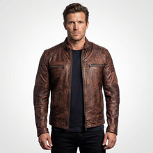 Load image into Gallery viewer, Men’s Coffee Brown Distressed Sheepskin Cafe Racer Leather Jacket

