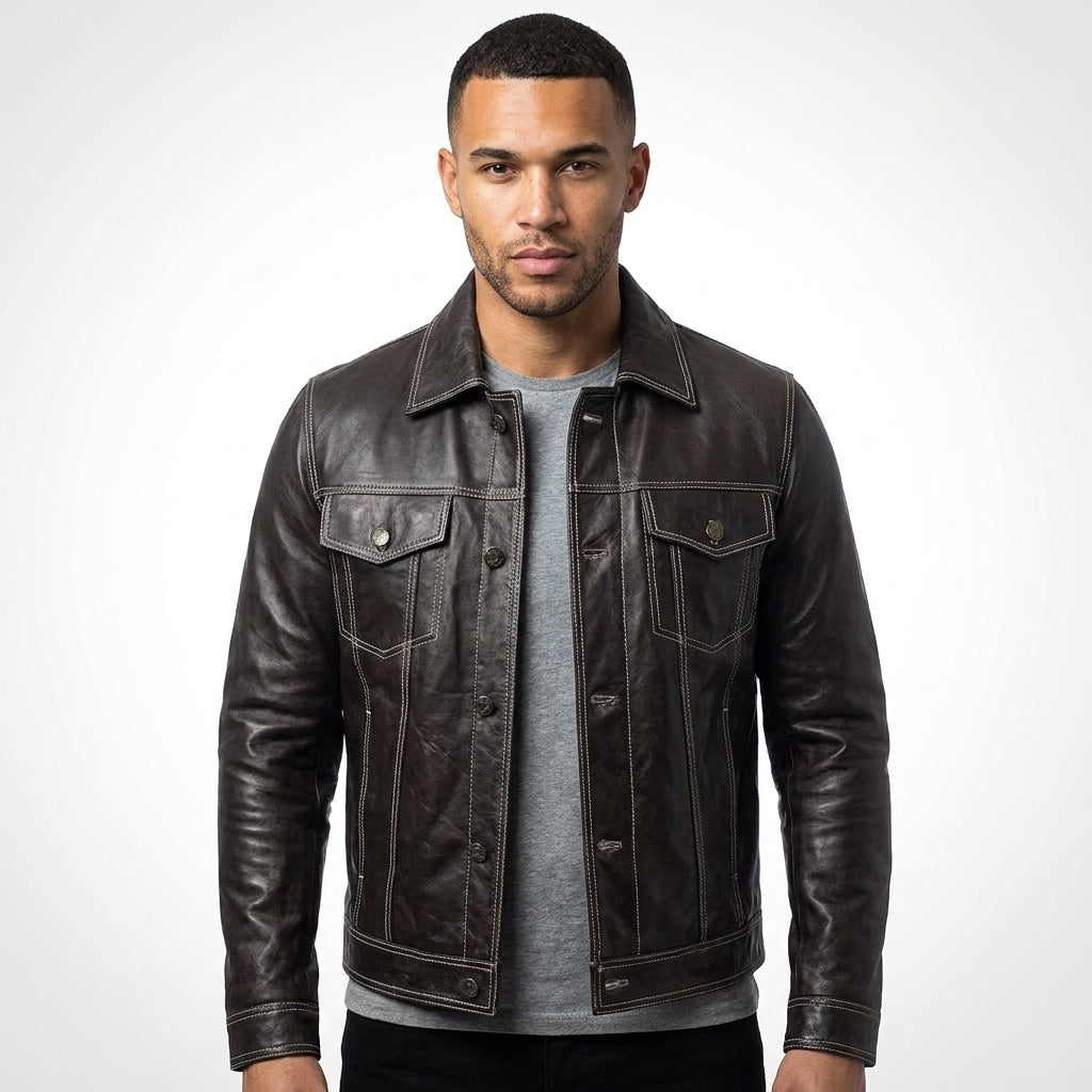 Men’s Dark Brown Leather Trucker Jacket – Contrast Stitch Snap Button Coat