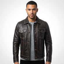 Load image into Gallery viewer, Men’s Dark Brown Leather Trucker Jacket – Contrast Stitch Snap Button Coat

