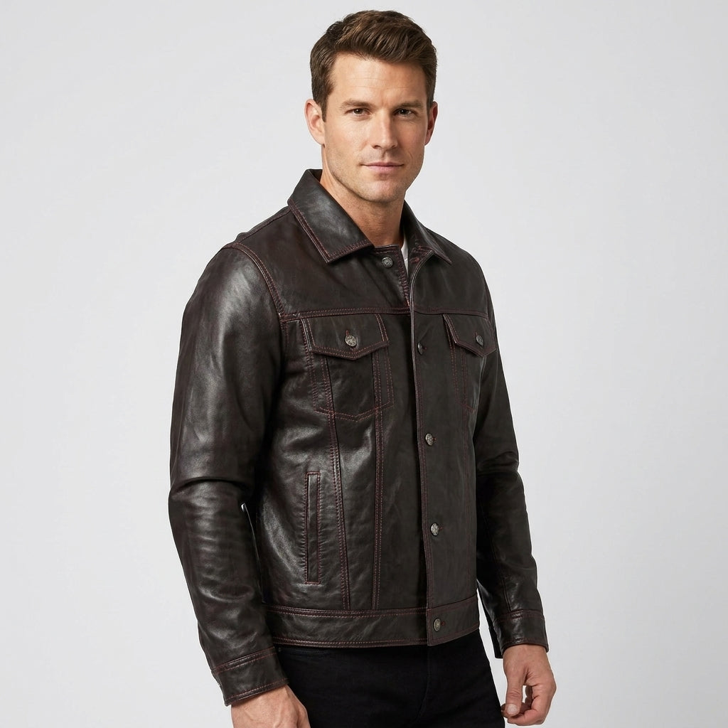Men’s Dark Brown Leather Trucker Jacket – Contrast Stitch Snap Button Shirt Jacket