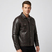 Load image into Gallery viewer, Men’s Dark Brown Leather Trucker Jacket – Contrast Stitch Snap Button Shirt Jacket
