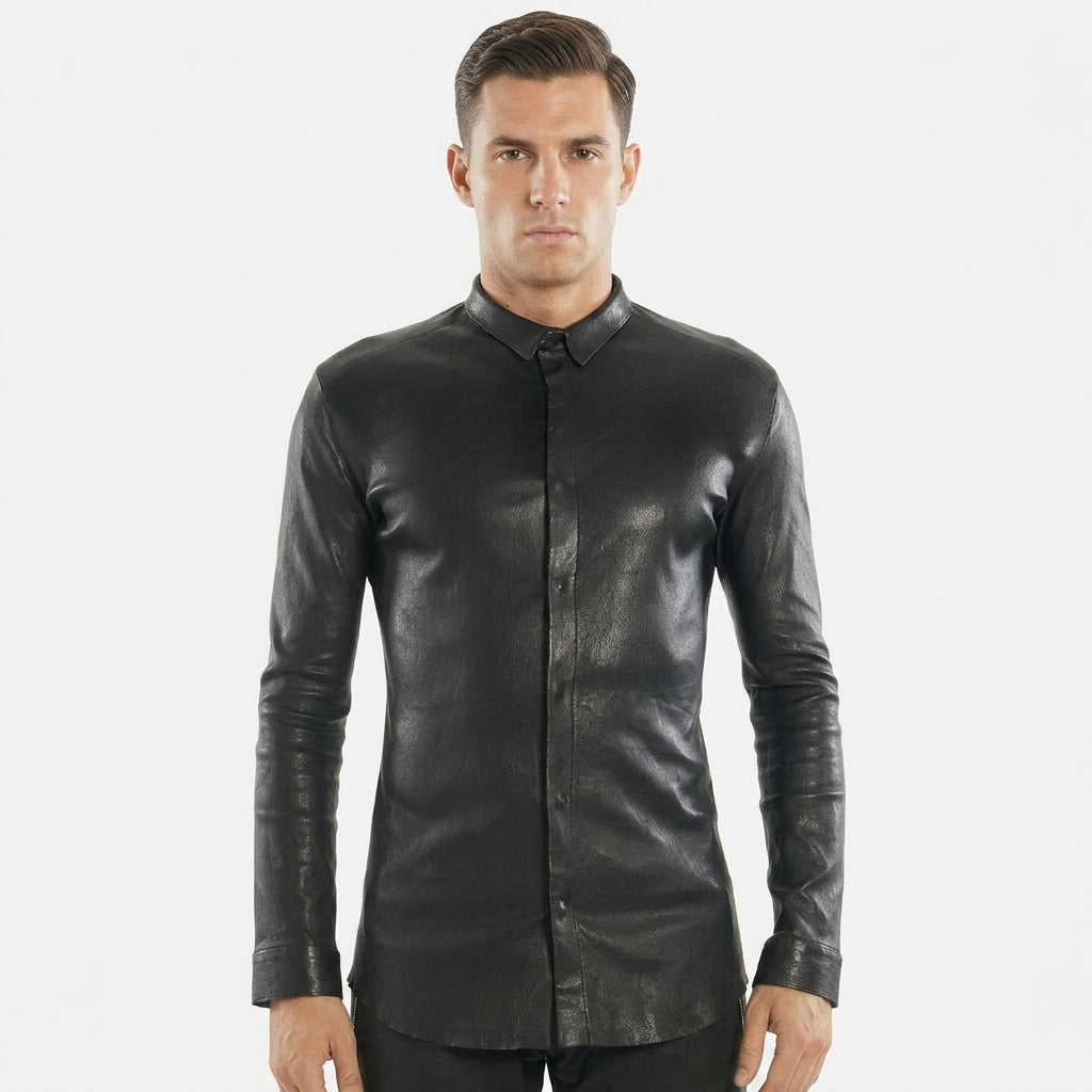 Men’s Slim Fit Black Leather Shirt – Premium Leather Shirt Jacket