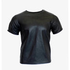 Herren Echt Schaffell Schwarz Leder T-Shirt