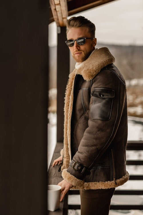 Men’s Brown B3 Flying Aviator Shearling Leather Jacket