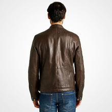 Load image into Gallery viewer, Men&#39;s Brown Slim Fit Leather Jacket – Classic Biker Style

