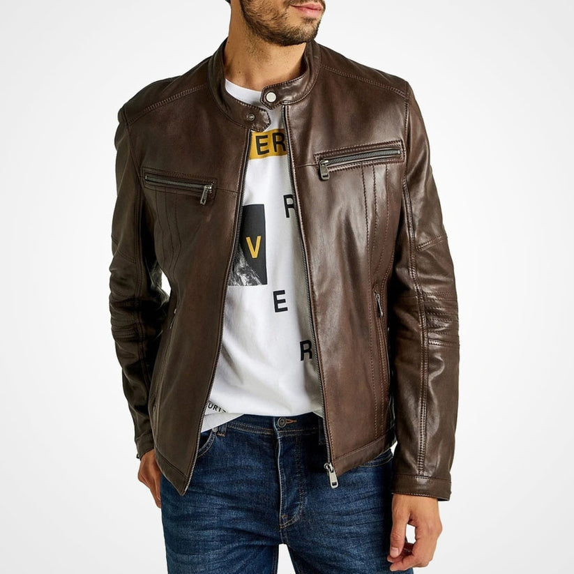 Men's Brown Slim Fit Leather Jacket – Classic Biker Style