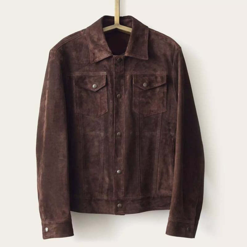 Custom Brown Suede Leather Trucker Jacket for Men
