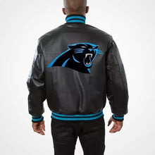 Load image into Gallery viewer, Men’s Carolina Panthers Black Leather Jacket – Classic NFL Fan Gear
