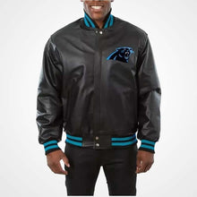 Load image into Gallery viewer, Men’s Carolina Panthers Black Leather Jacket – Classic NFL Fan Gear
