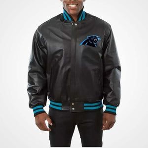 Men’s Carolina Panthers Black Leather Jacket – Classic NFL Fan Gear