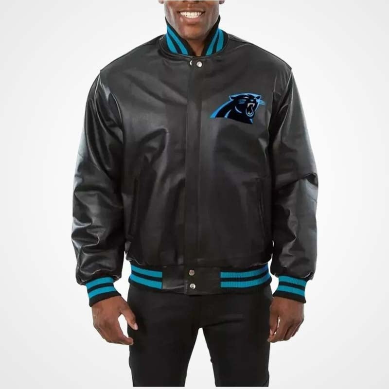 Men’s Carolina Panthers Black Leather Jacket – Classic NFL Fan Gear