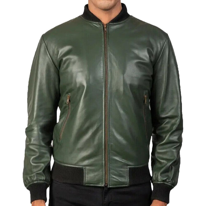Men’s Green Real Leather Bomber Motorcycle Jacket